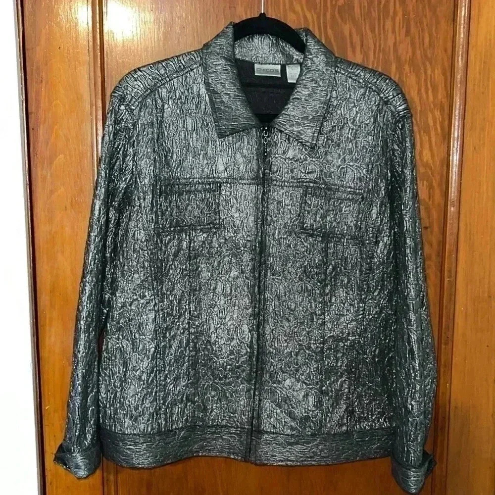 Chicos Blazer Silver Metallic Crinkle Texture Stretch Zip Up Jacket C1